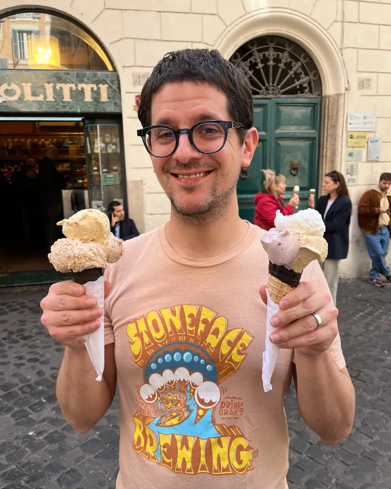 Dan, on vacation in Italy, with molti gelati